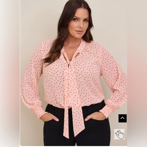 torrid Tops - torrid Pink Polka Dot Tie-Neck Blouse with Red Dots